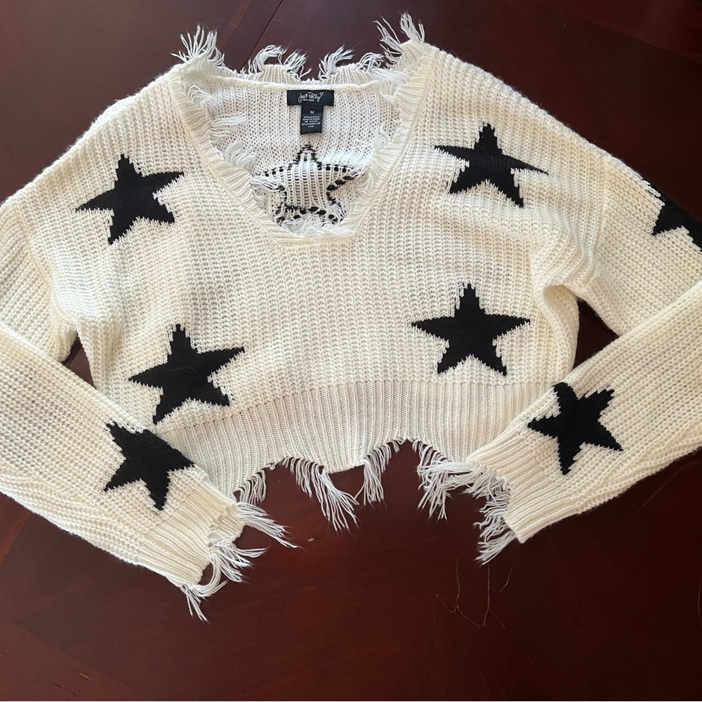 Show Me Your Mumu Cream Star Distressed Cropped Sweater